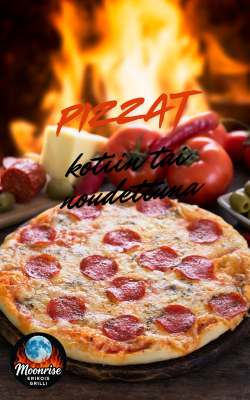 Pizza ja tulinen uuni taustalla.